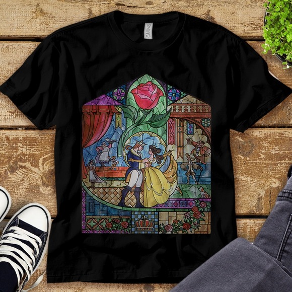 Disney Beauty & The Beast Stained Glass Rose Graphic Unisex Tee Adult T-shirt - Picture 1 of 2